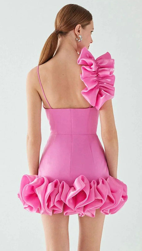 ANDREA PINK FLOWER TRIM STRAP MINI DRESS