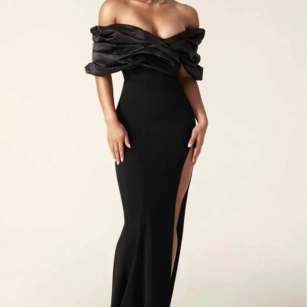 AIIZIE SOPHIA OFF SHOULDER RUCHED MAXI SLIT DRESS IN BLACK - product image