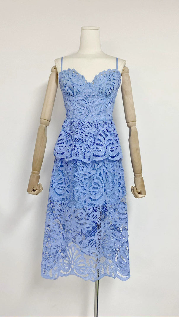AIIZIE EVELYN CUT OUT LACE LAYERING MIDI DRESS IN BLUE - product image