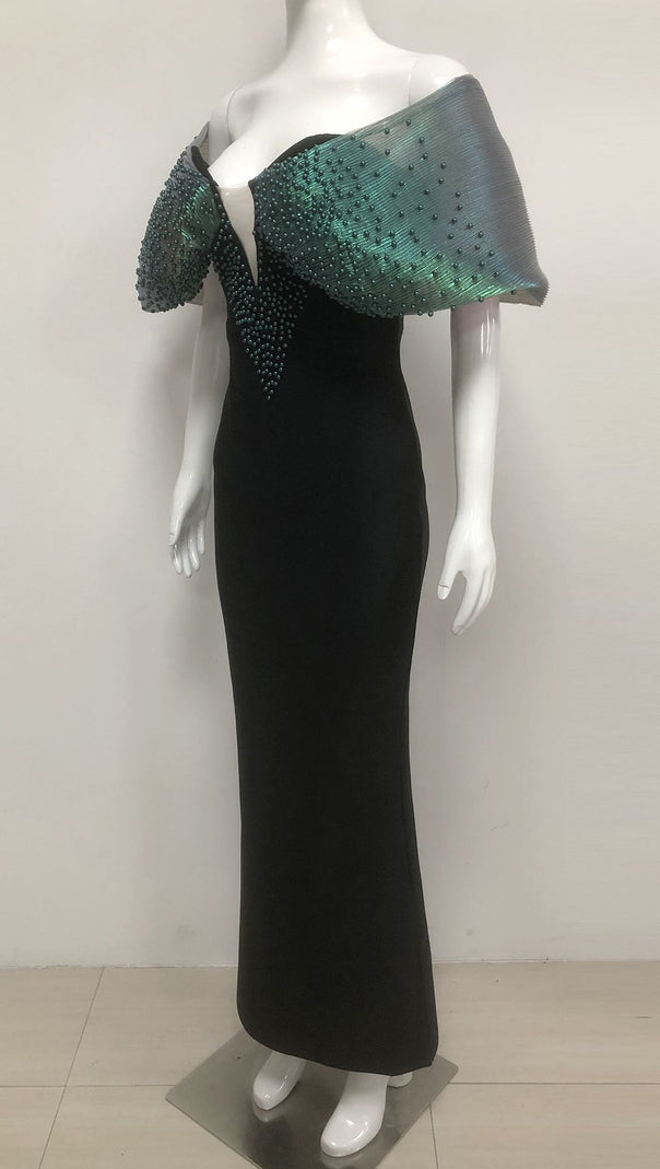 AIIZIE OFF-SHOULDER PEARL EMBELLISHED BODYCON MAXI DRESS IN BLACK - product image