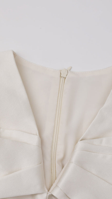 ALICE BEIGE WHITE PLEATED BOW OFF-SHOULDER MIDI DRESS