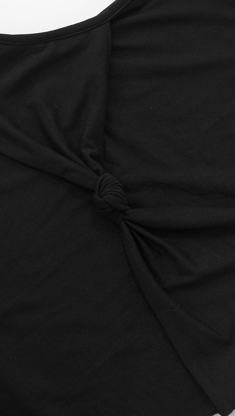 schwarzes ärmelloses Minikleid mit gedrehten drapierten Bändern