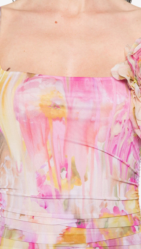 ABITO LUNGO MOLLY CON STAMPA FLOREALE APPLICATA IN ROSA