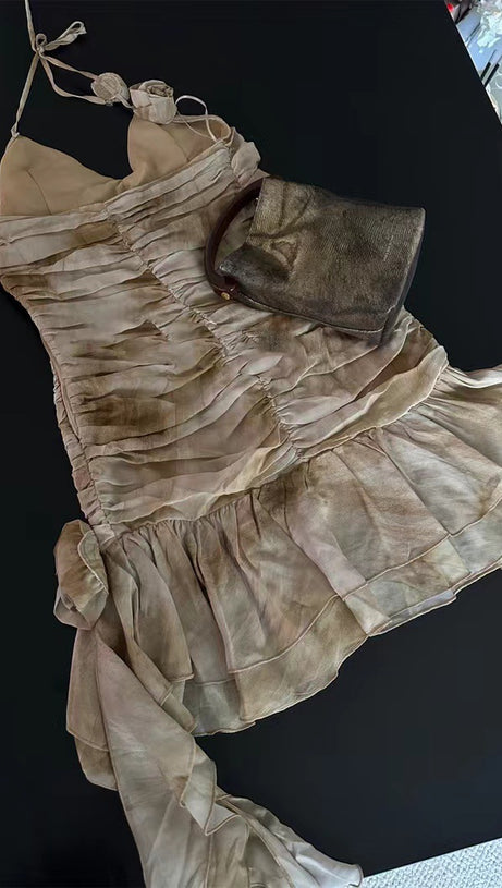 RUFFLED PYTHON-PRINT MINI DRESS IN SAND BEIGE