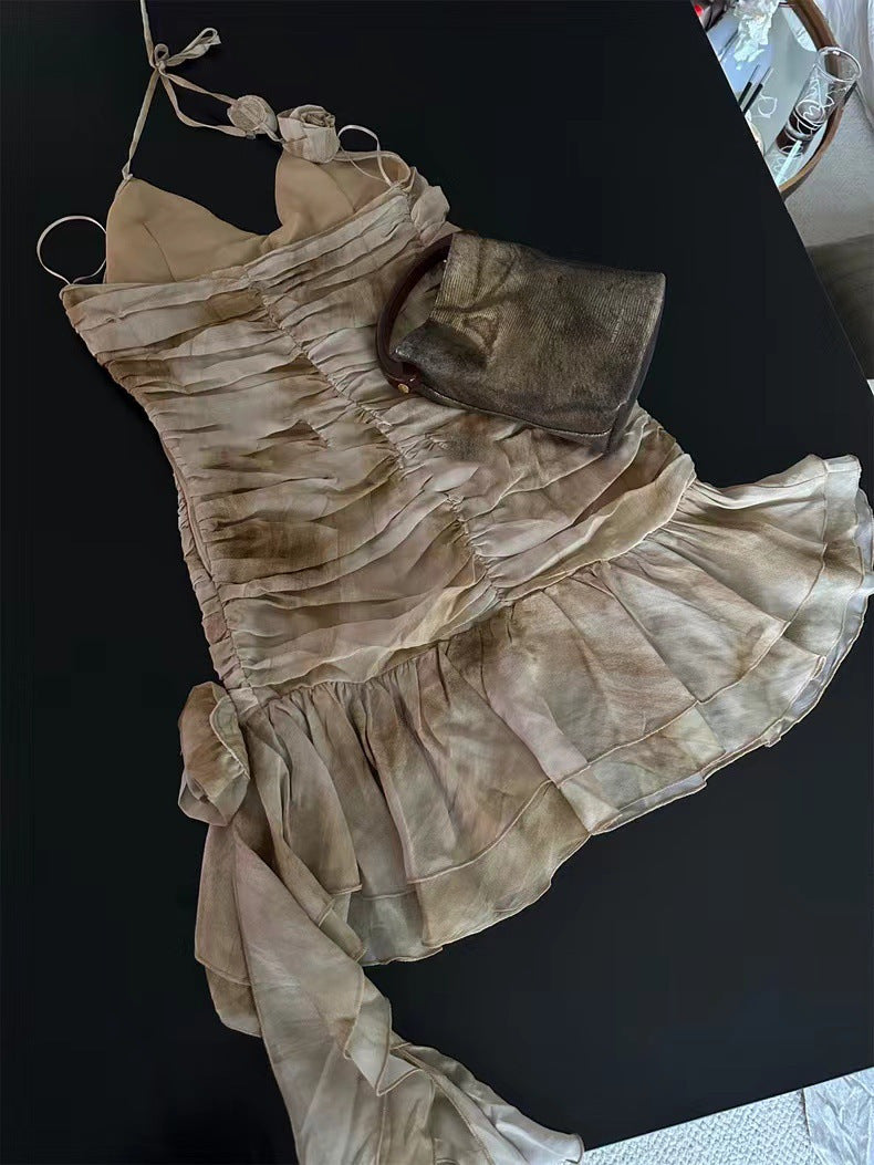 RUFFLED PYTHON-PRINT MINI DRESS IN SAND BEIGE