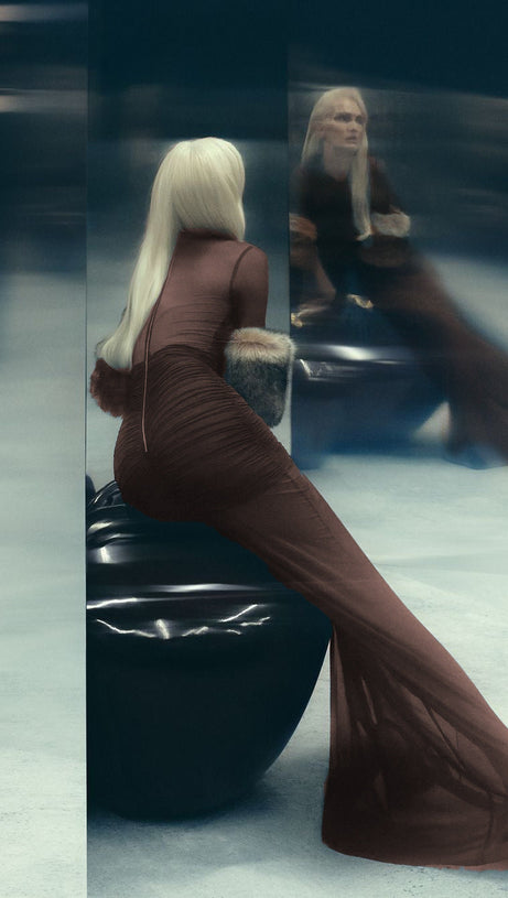 LONG SLEEVE MESH INSERT DRAPED MAXI DRESS