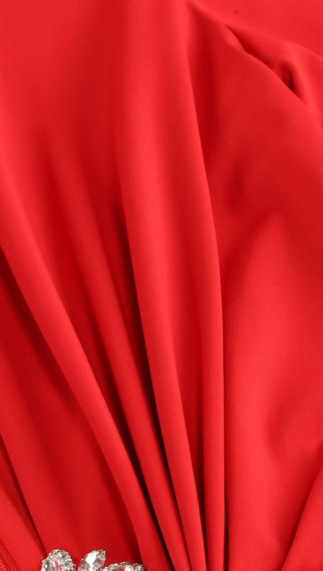 BERNICE LONG SLEEVE DRAPED EMBELLISHED MAXI DRESS IN RED