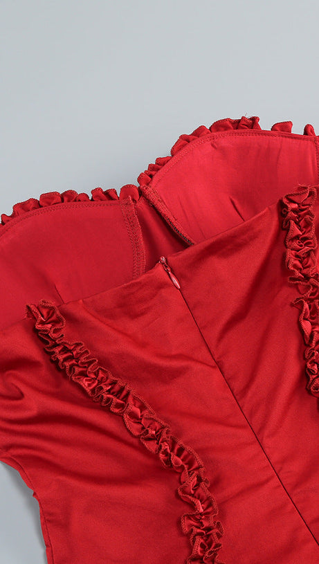 SALLY RUFFLE TRIM STRAPLESS MINI DRESS IN RED