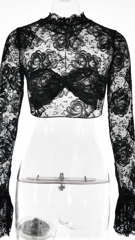 TOP CORTO IN PIZZO FLOREALE NERO