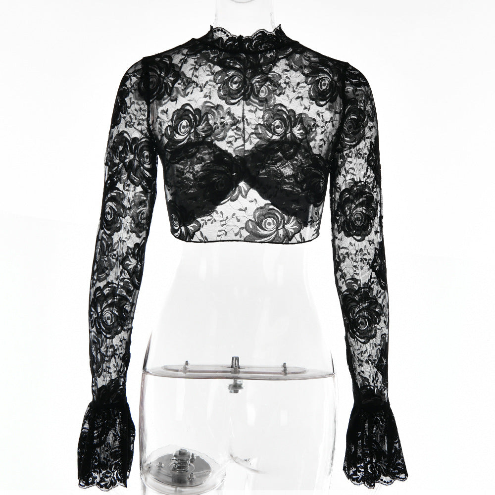 AIIZIE FLORAL CROP LACE TOP IN BLACK - product image