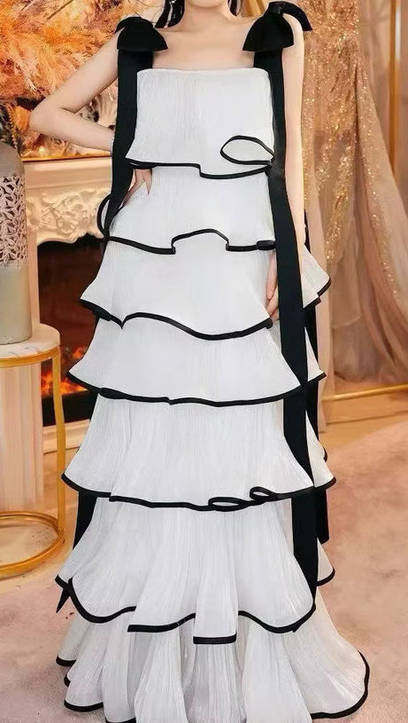 mandy White layer Ruffled Maxi Dress with Bows