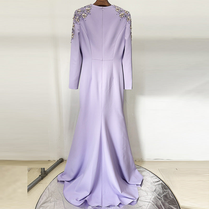 Lavender Beaded Mermaid Gown with Crystal Shoulder Accents