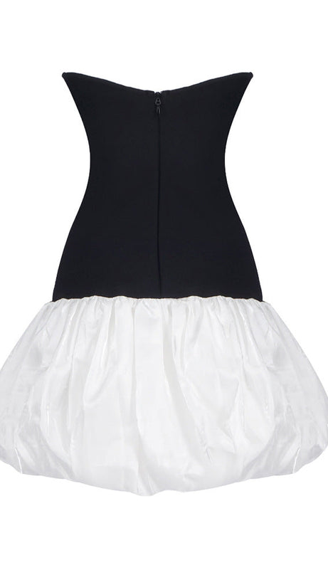 BUTTERFLY EMBROIDERED BODICE PUFFBALL MINI DRESS IN BLACK