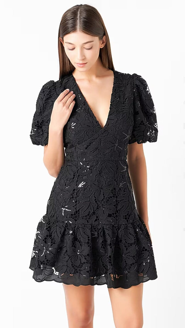 AIIZIE black sequin lace fitted flared mini dress - product image