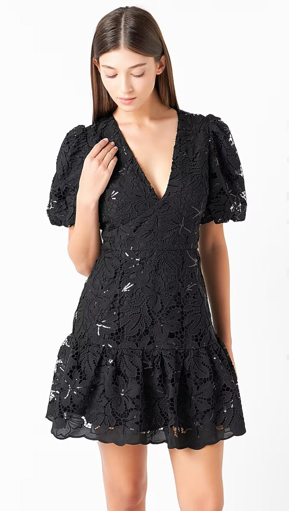 black sequin lace fitted flared mini dress