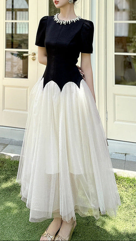 leona black-white Two-Tone rhinestone neck tulle maxi Dress