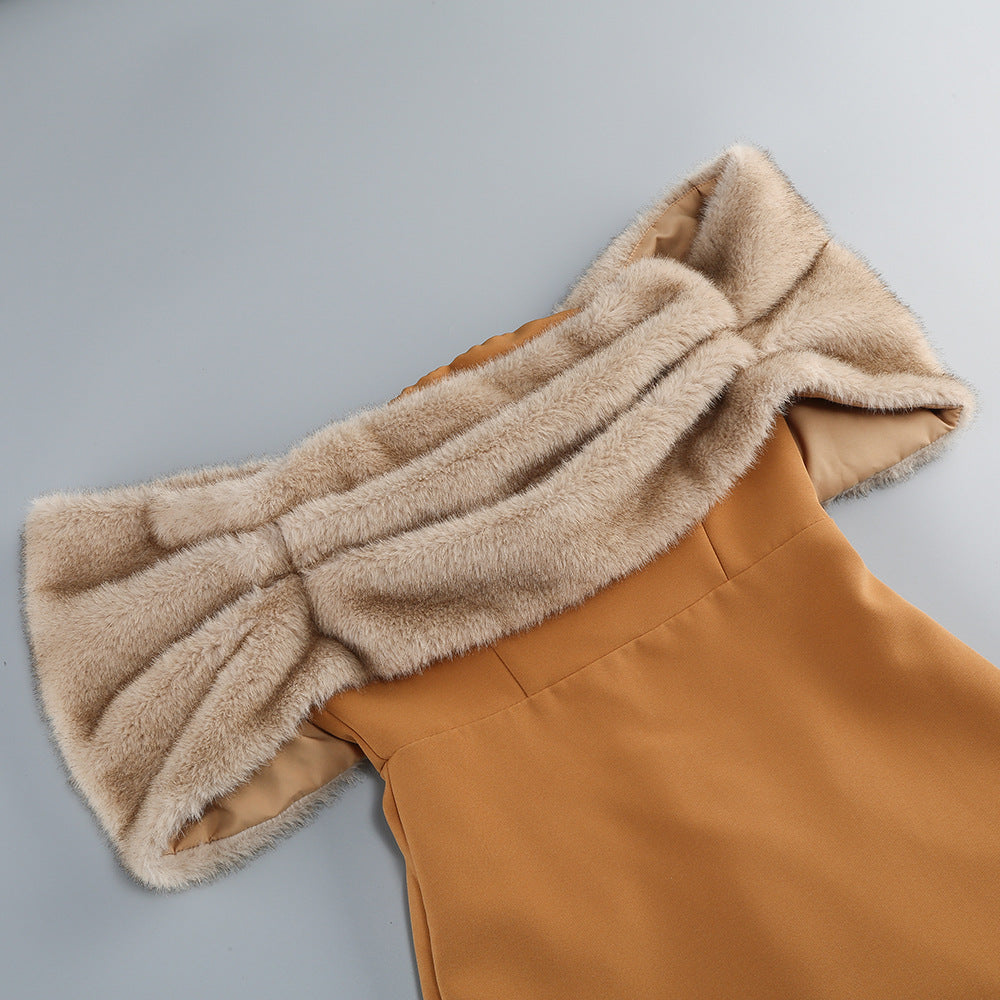 AIIZIE BROWN OFF - SHOULDER FAUX FUR TRIM BODYCON DRESS - product image