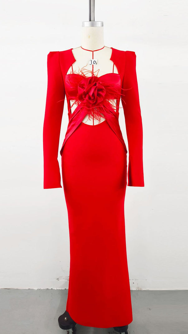 AIIZIE RUBY RADIANCE PADDED SHOULDER HEART CUT SATIN DRESS - product image
