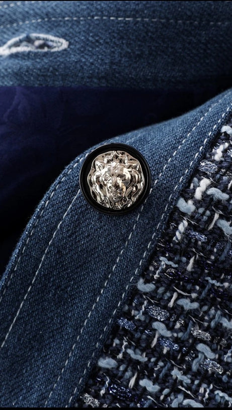 CHIC TWEED & DENIM MINI DRESS WITH GOLD CHAIN ACCENTS | HATSUYE