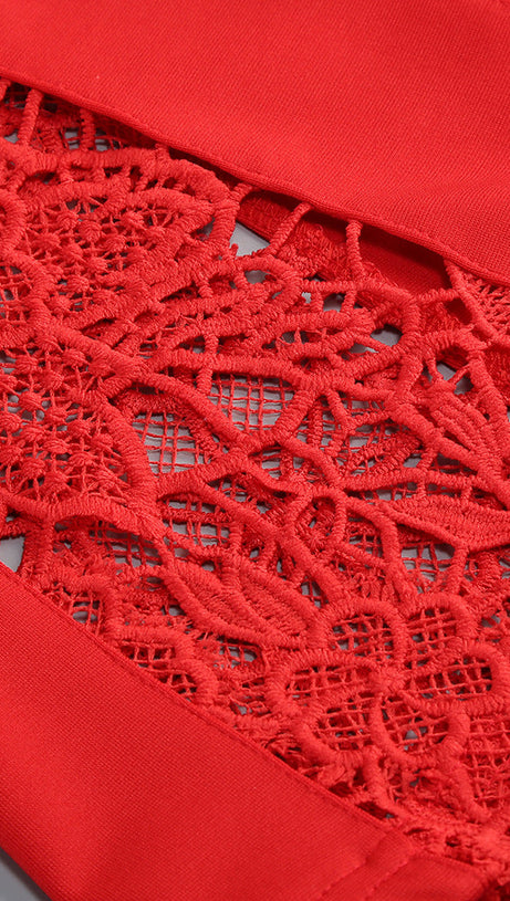 LACE-EMBELLISHED TRUMPET SLEEVE JUMPSUITS IN RED