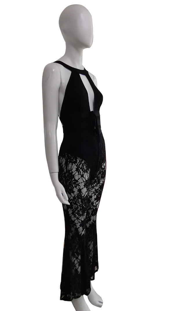 AIIZIE BLACK HALTER NECK LACE JUMPSUIT - product image