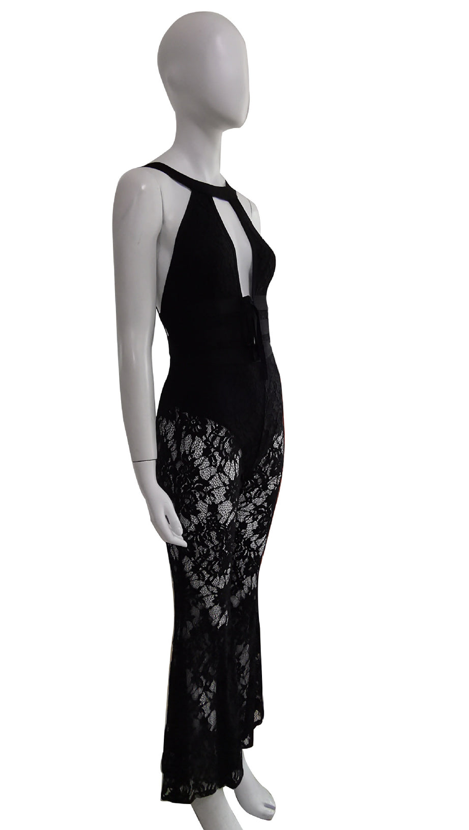 BLACK HALTER NECK LACE JUMPSUIT