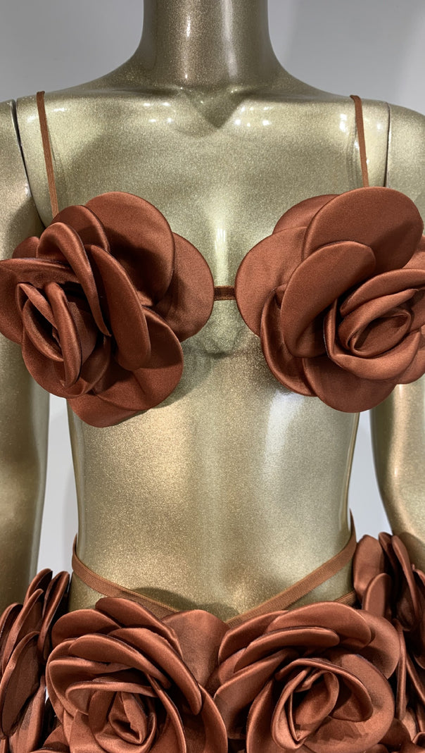 AIIZIE BROWN FLOWERED TOP AND LONG MIDI SKIRT SET - product image