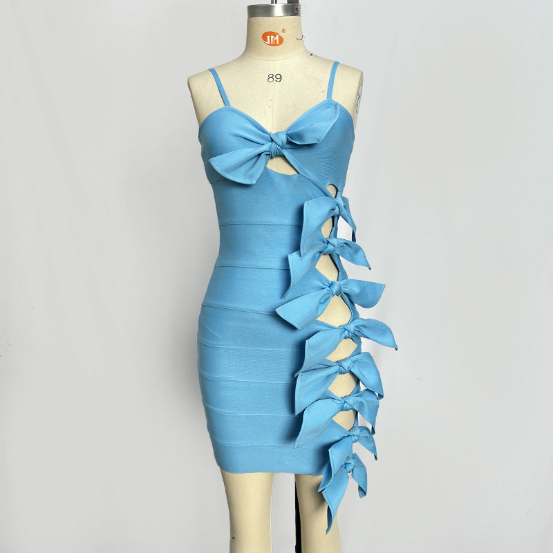 MINI ABITO CON BENDAGGIO E FIOCCO AL COLLO ALTO BLU