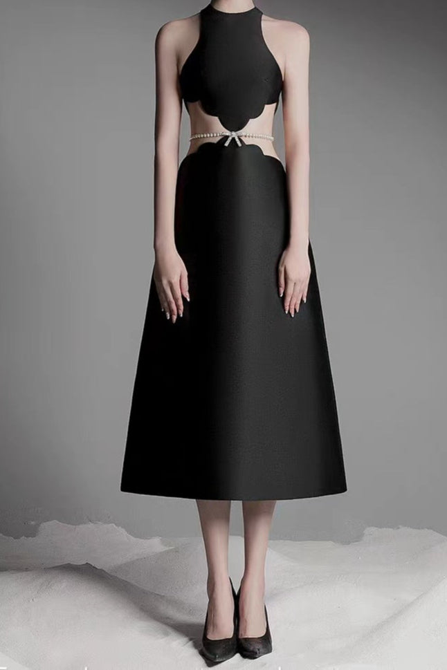 AIIZIE ANILA PEARL CHAIN EMBELLISHED MIDI DRESS IN BLACK - product image