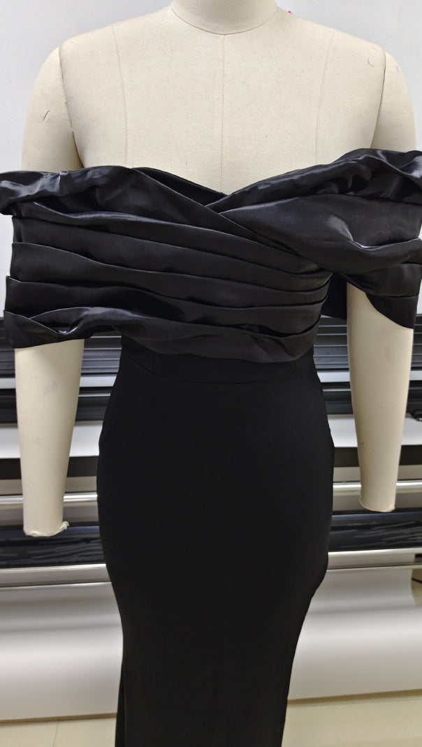 SOPHIA OFF SHOULDER RUCHED MAXI SLIT DRESS IN BLACK