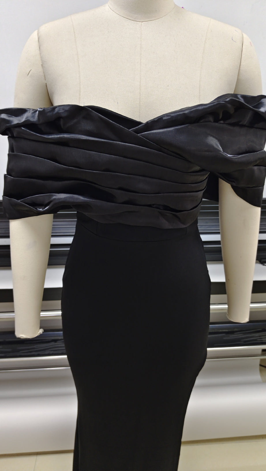 SOPHIA OFF SHOULDER RUCHED MAXI SLIT DRESS IN BLACK