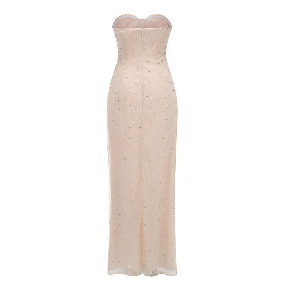 AIIZIE LIGHT BEIGE RHINESTONE - EMBELLISHED STRAPLESS MAXI DRESS - product image