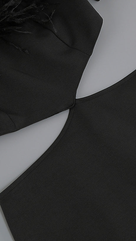 OFF-SHOULDER FEATHER PANEL BLACK DRESS