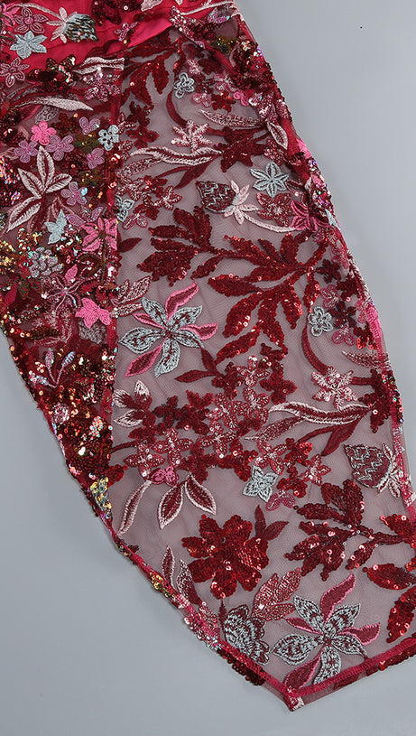 STRAPLESS FLORAL SEQUINS EMBROIDERY BODYCON GOWN MAXI DRESS