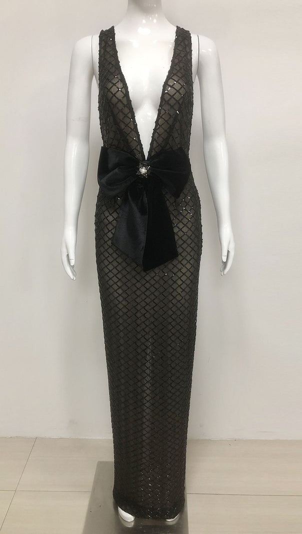 AIIZIE BOW DETAIL SEQUIN MAXI DRESS BLACK - product image