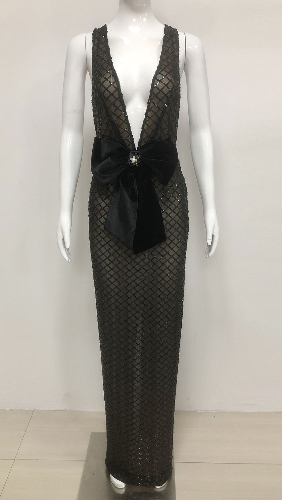 BOW DETAIL SEQUIN MAXI DRESS BLACK