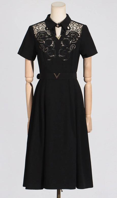 MYRA BLACK HOLLOW HOOK FLOWER A-LINE MIDI DRESS