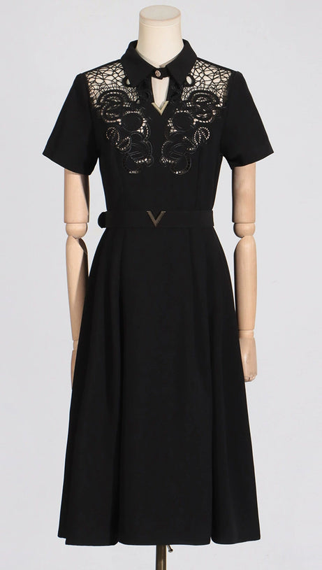 MYRA BLACK HOLLOW HOOK FLOWER A-LINE MIDI DRESS