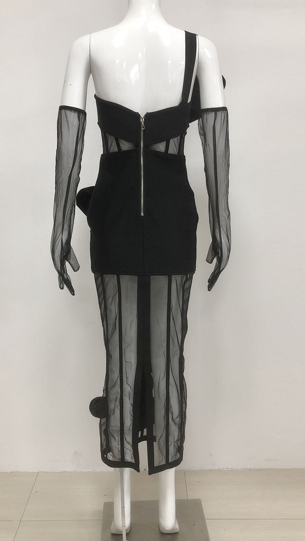 AIIZIE STRAPLESS FLORAL MESH BANDAGE DRESS MIDI DRESS BLACK - product image