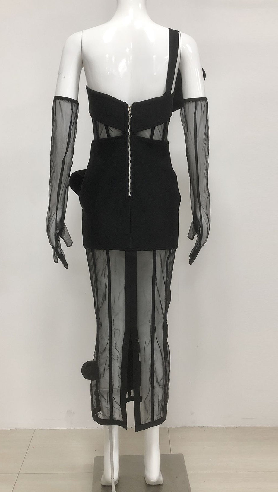 STRAPLESS FLORAL MESH BANDAGE DRESS MIDI DRESS BLACK