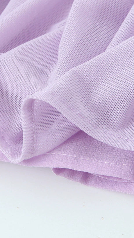 YVETTE PALE PURPLE OFF SHOULDER MESH MINI DRESS