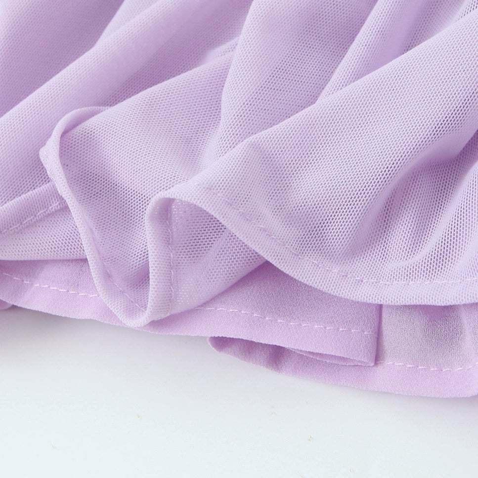 AIIZIE YVETTE PALE PURPLE OFF SHOULDER MESH MINI DRESS - product image