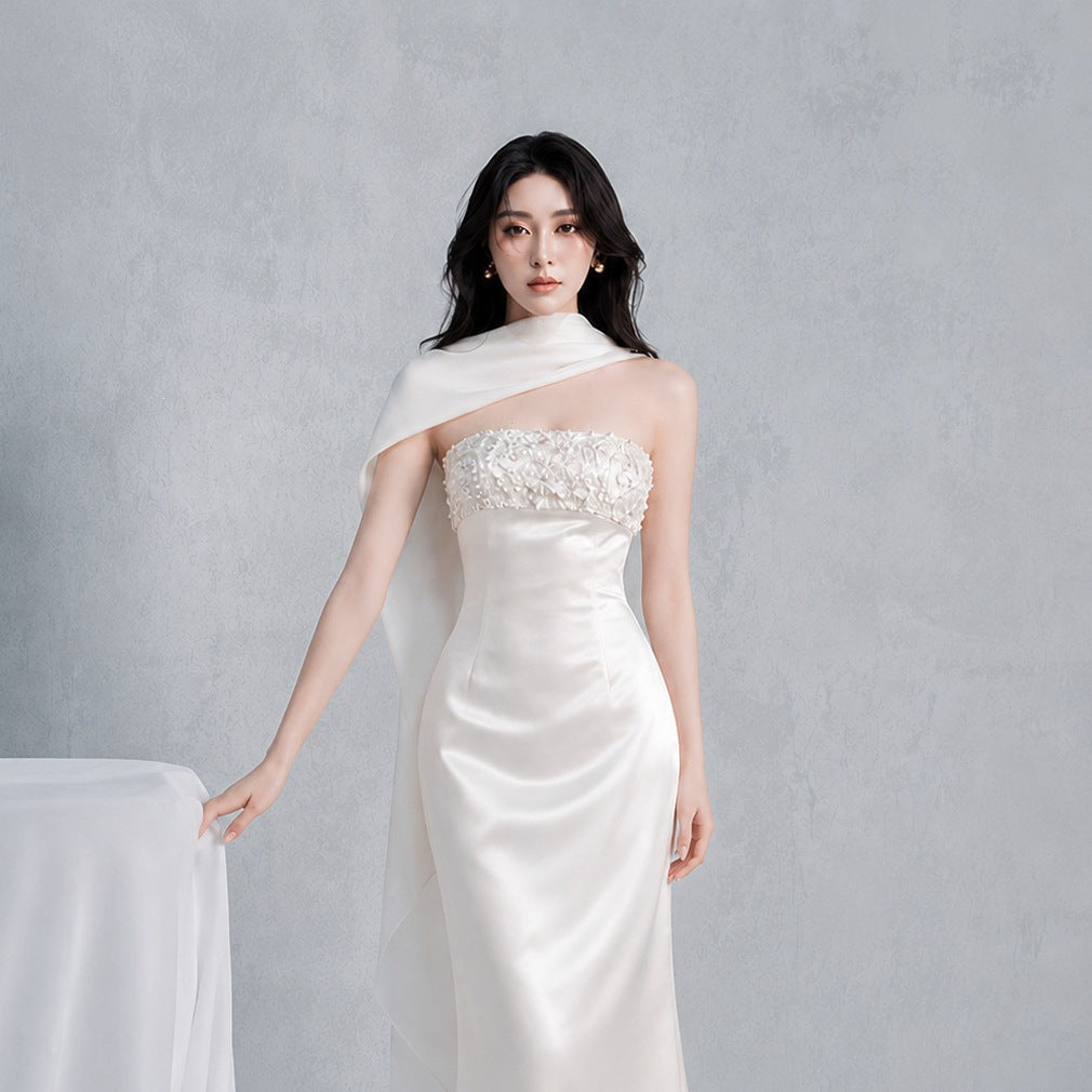 sylvia rhinestone embellish strapless satin maxi dress  - white