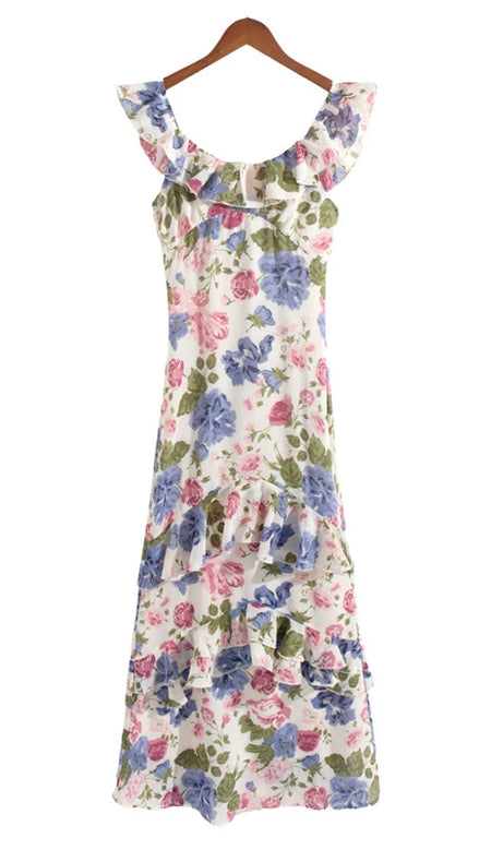 PRISCILLA MULTICOLOR OFF SHOULDER PRINT LAYERED MAXI DRESS