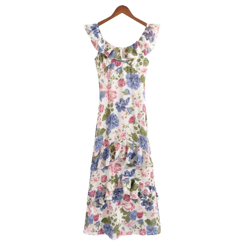 PRISCILLA MULTICOLOR OFF SHOULDER PRINT LAYERED MAXI DRESS