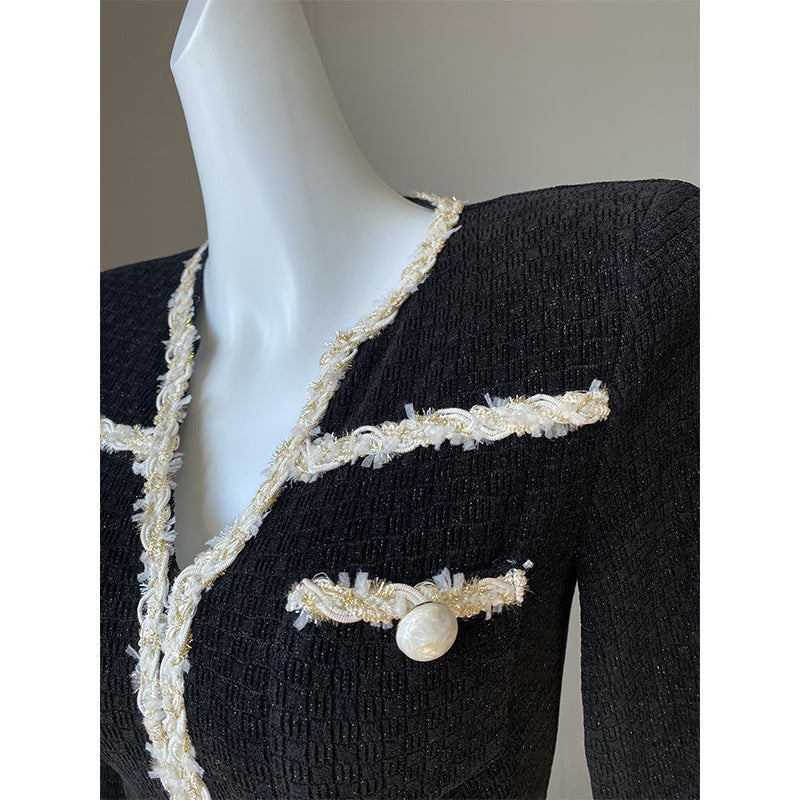 METALLIC YARN VELVET MIDI DRESS IN BLACK