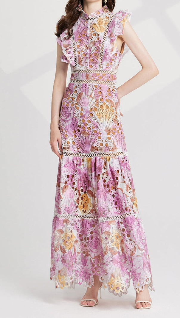 AIIZIE CHLOE HOLLOW OUT FLOWER EMBROIDERY MAXI DRESS IN PINK PURPLE - product image
