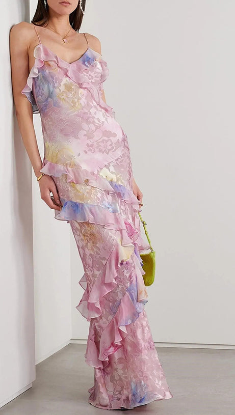 Gerüschtes, farbiges Camisole-Midikleid in Pink