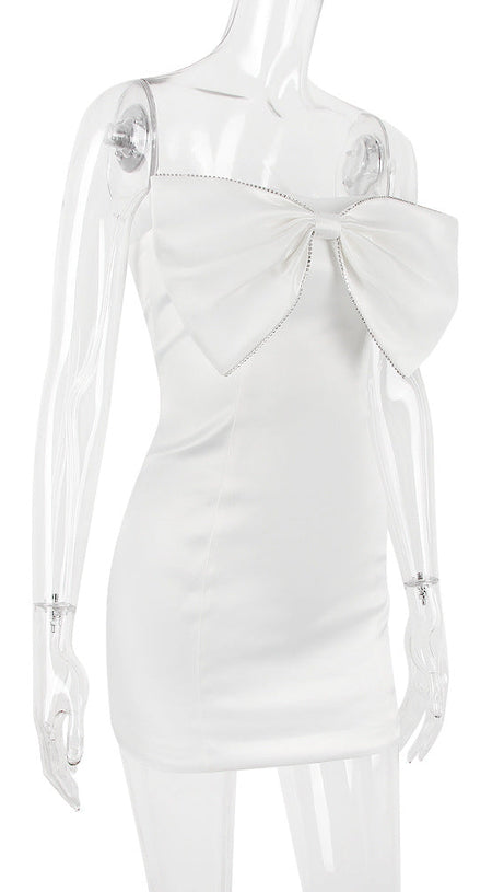 SATIN CRYSTAL EMBELLISHED BOW DRESS IN WHITE