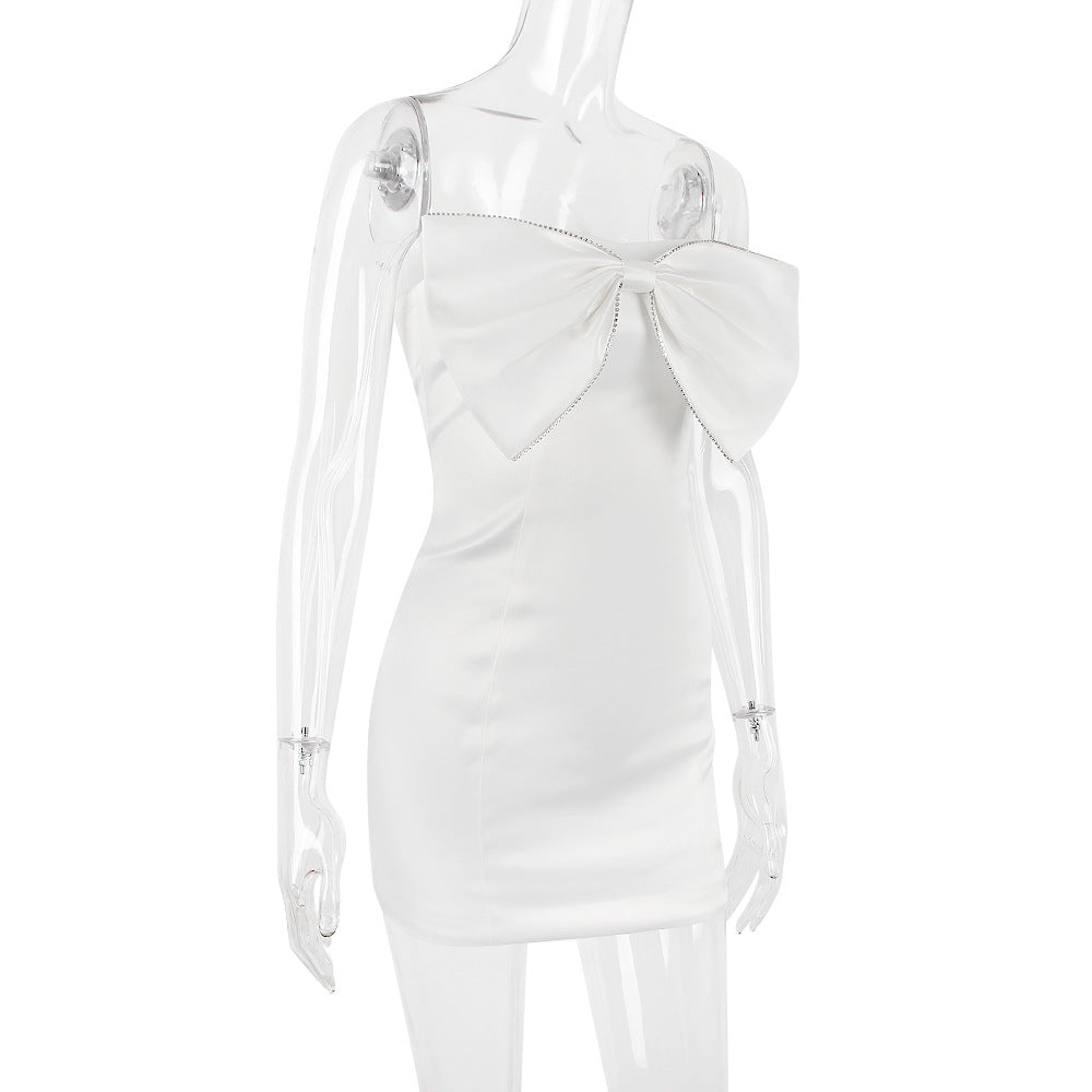 AIIZIE SATIN CRYSTAL EMBELLISHED BOW DRESS IN WHITE - product image